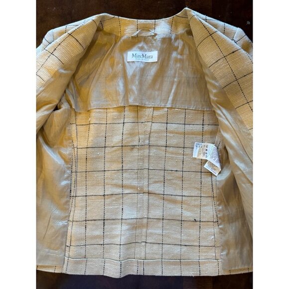 Max Mara Tan And‎ Black Plaid Silk And Linen Blend Two Button Blazer Size 12 - Picture 8 of 13